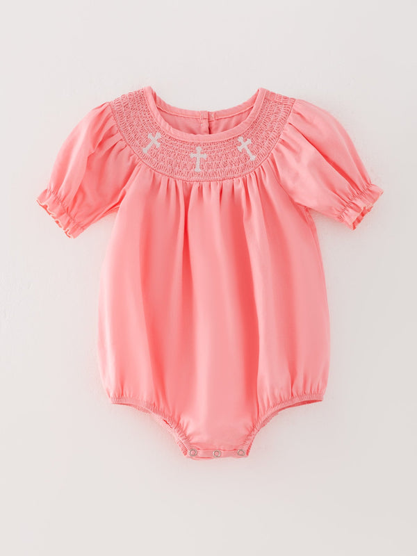 CORAL Smocked Church Christ Bishop Christening Girls Romper