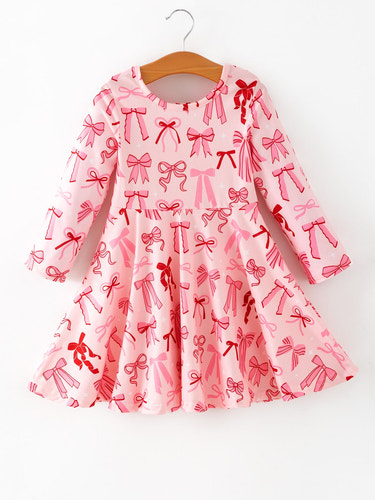 Toddler girls' Valentine bow print long sleeves dress, perfect for festive occasions and everyday wear.