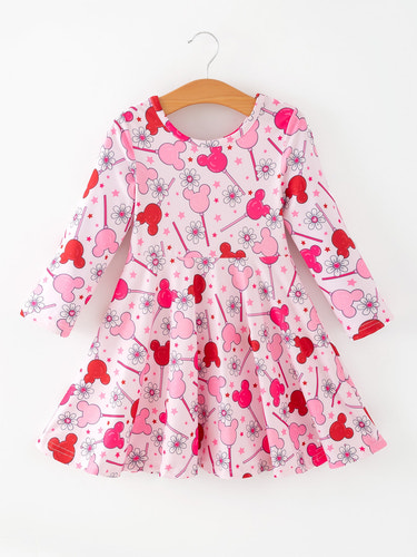 Valentine Dress for Girls - Pink with Daisy & Lollipop Print, perfect for festive occasions.