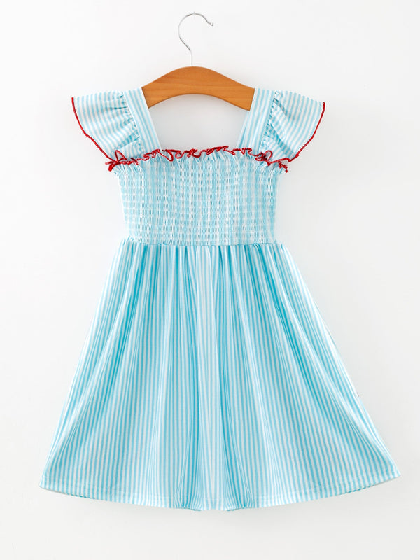 Girls Blue Striped Baseball Applique Smocked Dress Flutter Sleeves