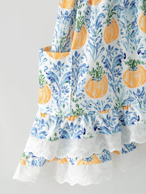 Fall Girls Pumpkin Patch Dress Lace Trim with Pockets