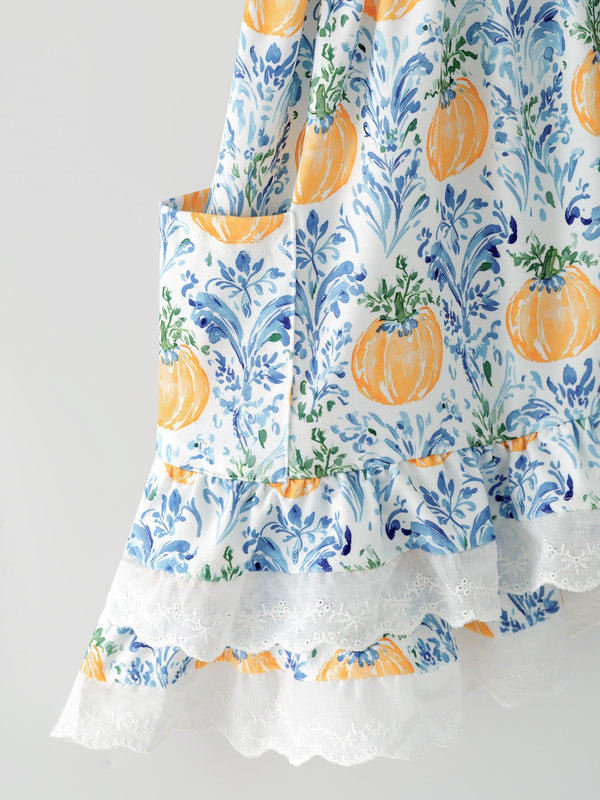 Fall Girls Pumpkin Patch Dress Lace Trim with Pockets
