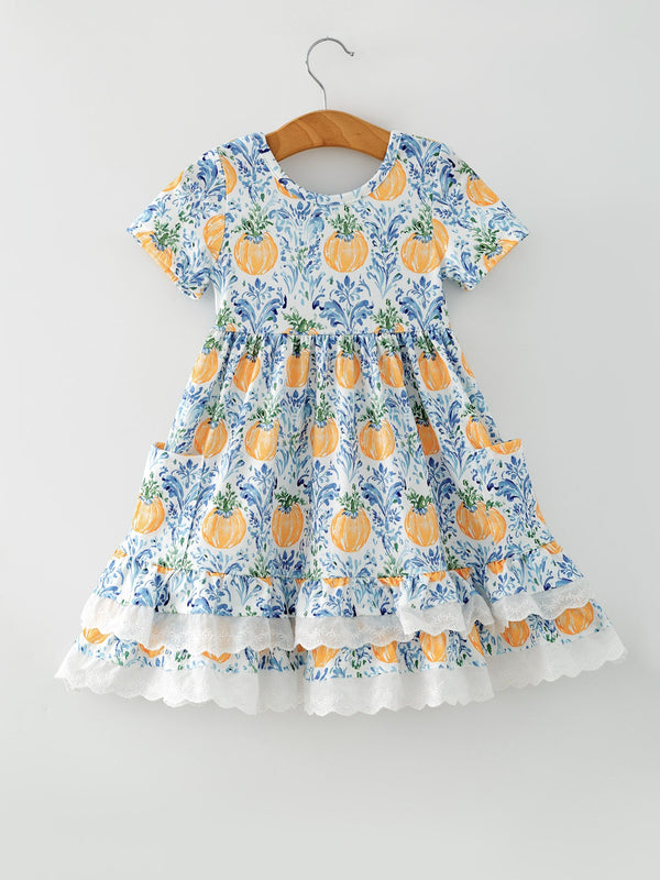 Fall Girls Pumpkin Patch Dress Lace Trim with Pockets