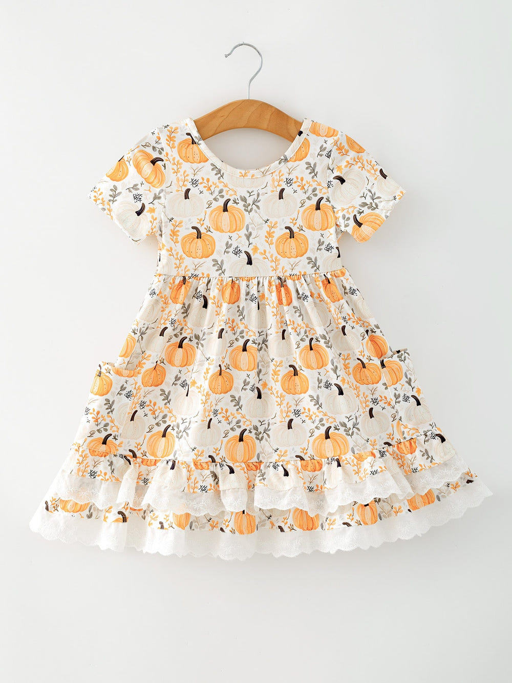 Fall Orange Girls Pumpkin Patch Pockets Dress Lace Trim