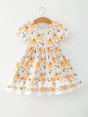 Fall Orange Girls Pumpkin Patch Pockets Dress Lace Trim