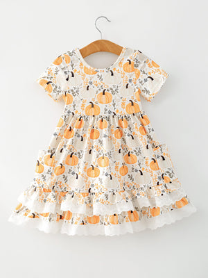 Fall Orange Girls Pumpkin Patch Pockets Dress Lace Trim