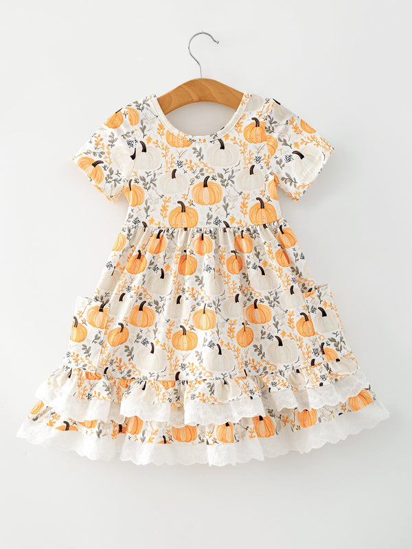 Fall Orange Girls Pumpkin Patch Pockets Dress Lace Trim