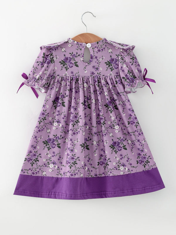 Purple Floral Girls Dress Bow Petal Collar Ruffle Hem Dress