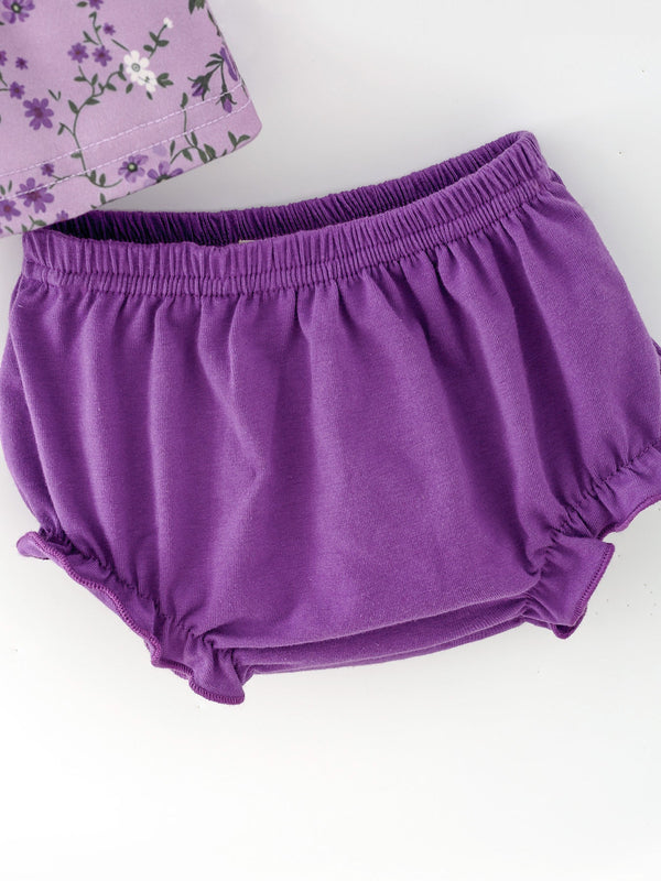 Floral Girls Outfit Set Purple Puff Sleeve Top Bloomers Set