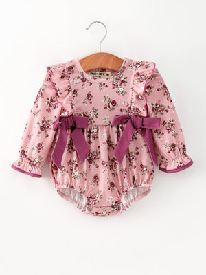 Fall Purple Floral Baby Girl Romper Bow Ruffle Long Sleeve