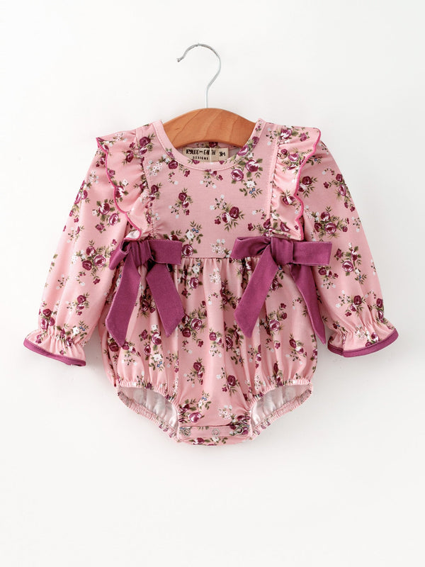 Fall Purple Floral Baby Girl Romper Bow Ruffle Long Sleeve
