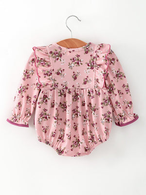 Fall Purple Floral Baby Girl Romper Bow Ruffle Long Sleeve