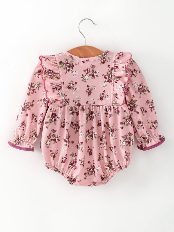 Fall Purple Floral Baby Girl Romper Bow Ruffle Long Sleeve