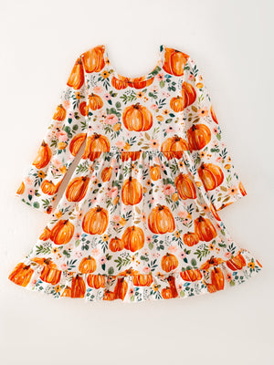 Girls FALL Pumpkin Print Long Sleeve Dress