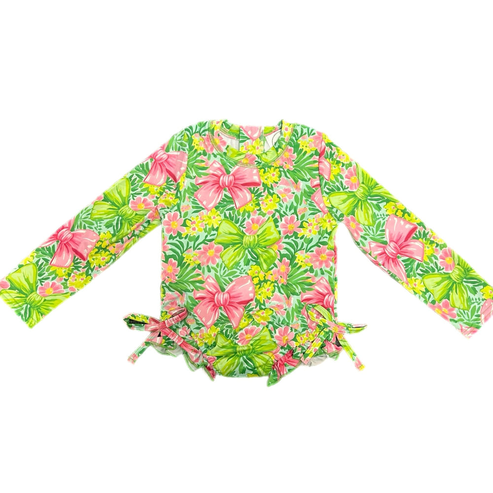 Tropical bows rash guard swimsuit for babies, perfect for sunny days at the beach or pool.