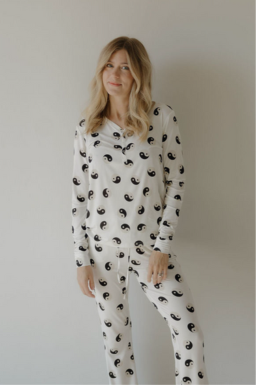 Women's long sleeve bamboo pajama in black and white yin yang design, perfect for comfortable sleepwear.