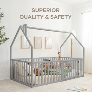 Kids House Gated Floor Bed Twin Size for Children Aged 5+,  Grey