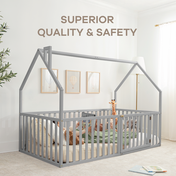Kids House Gated Floor Bed Twin Size for Children Aged 5+,  Grey