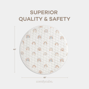 Rainbow play mat with non-slip bottom, angled view showcasing vibrant colors and safe play surface for babies.