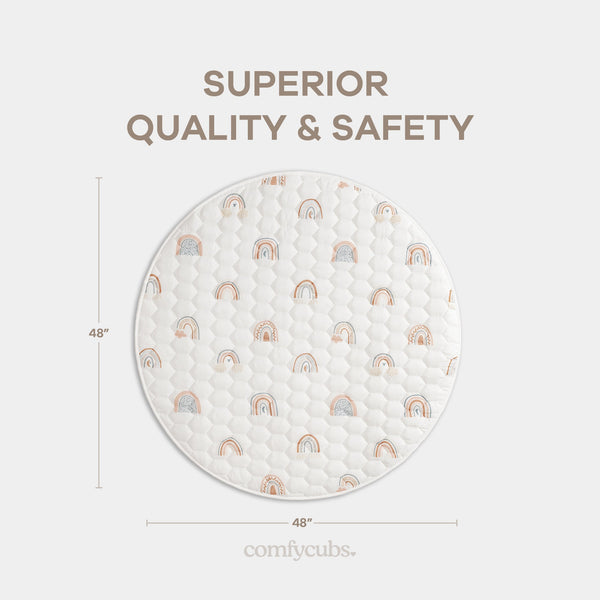 Rainbow play mat with non-slip bottom, angled view showcasing vibrant colors and safe play surface for babies.