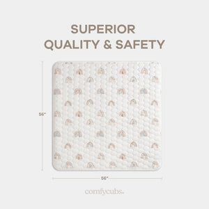 Rainbow play mat with non-slip bottom, angled view, perfect for safe and fun playtime for babies.