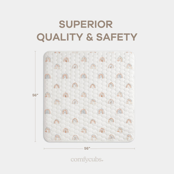 Rainbow play mat with non-slip bottom, angled view, perfect for safe and fun playtime for babies.