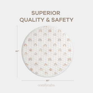 Rainbow play mat with non-slip bottom, angled view, perfect for safe and fun baby playtime.