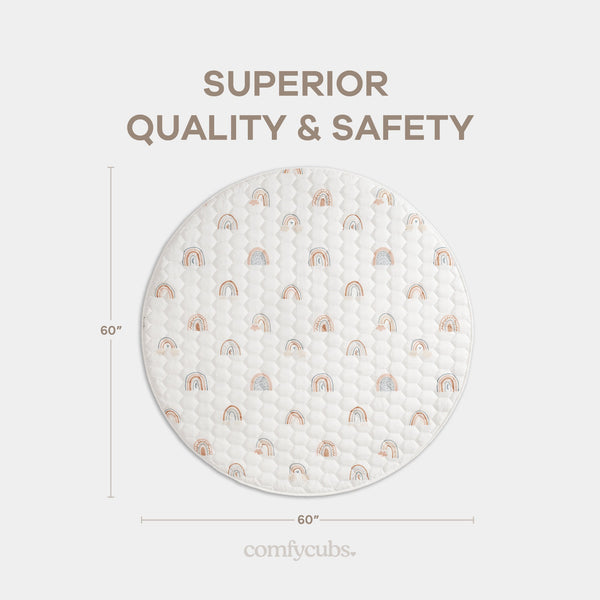 Rainbow play mat with non-slip bottom, angled view, perfect for safe and fun baby playtime.