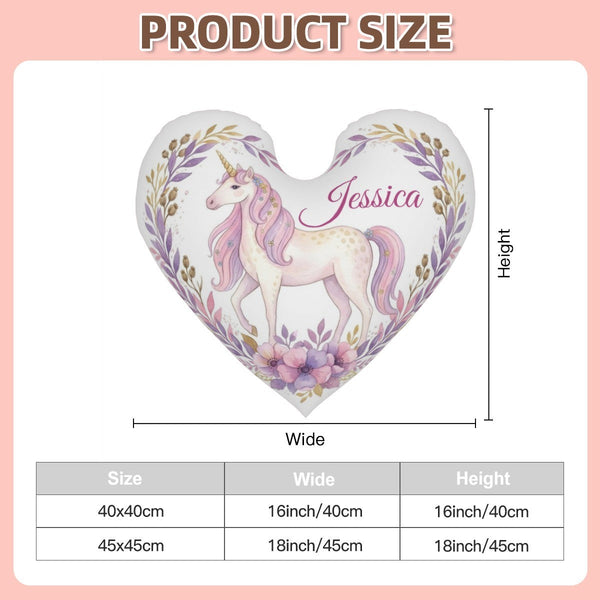 Personalized Unicorn Heart Pillow – Custom Name Gift – Cotton Filling Included