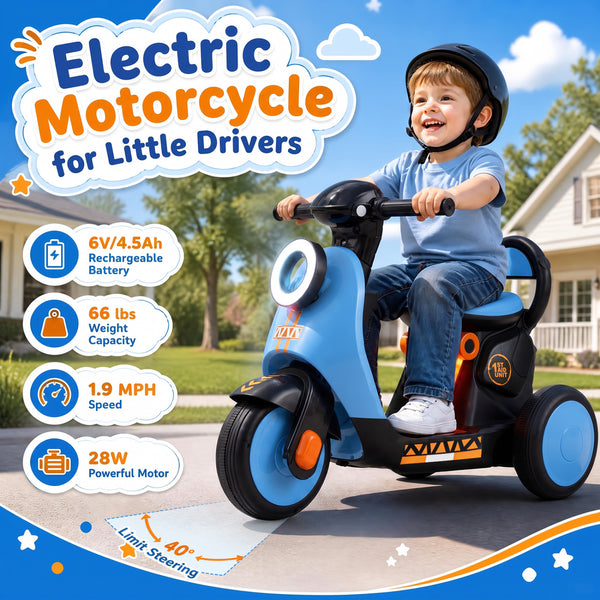 6V Electric Ride on Motorcycle with LED Headlight for Kids Aged 3-5 Years