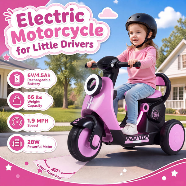6V Electric Ride on Motorcycle with LED Headlight for Kids Aged 3-5 Years