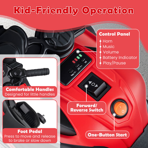 6V Kids Motorcycle with Headlights Music and Detachable Training Wheels