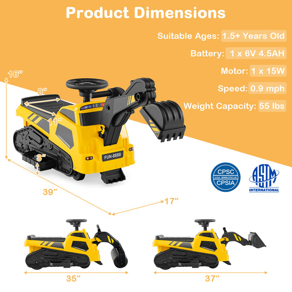 6V Ride on Tractor 3-in-1 Electric Excavator with Adjustable Arms and Music