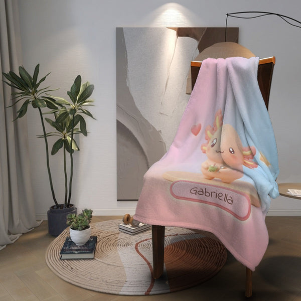 Personalized Kawaii Axolotl Blanket | Custom Name | Orange Axolotl Throw