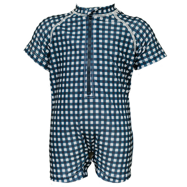 Navy gingham zipper swimsuit for babies, perfect for summer fun and stylish beach outings.