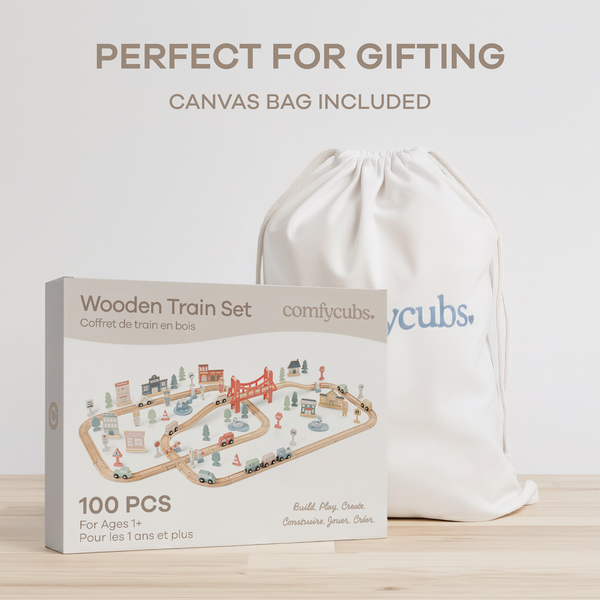 Colorful 100-piece wooden train set for toddlers, perfect for imaginative play and fine motor skills development.