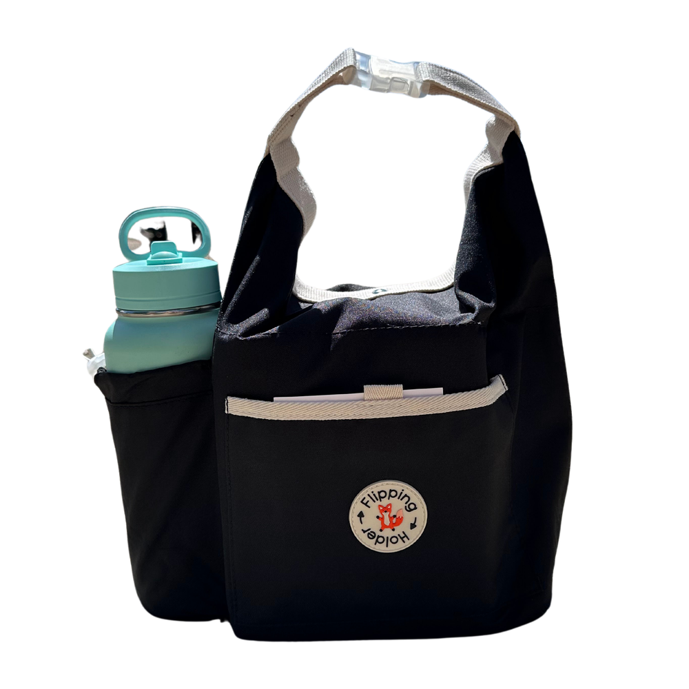 Thermal tote with bottle pocket, easy carry-all bag, clip handle for convenient on-the-go food storage.