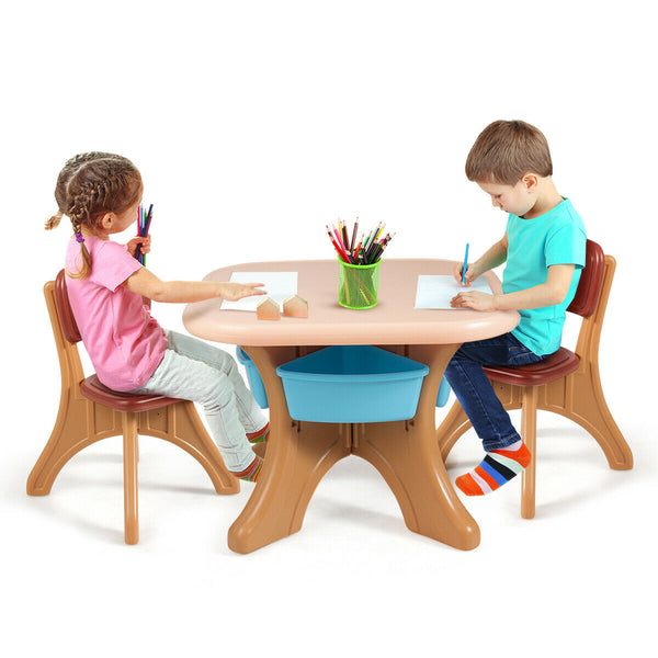 3-piece plastic children play table and chair set for indoor and outdoor use, shown at a 20-degree angle.