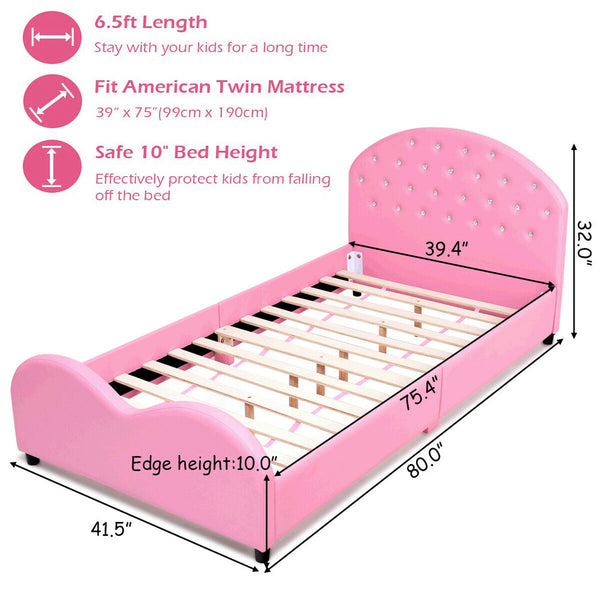 Twin size upholstered toddler bed with wood slat support, angled view showcasing stylish design and comfort.