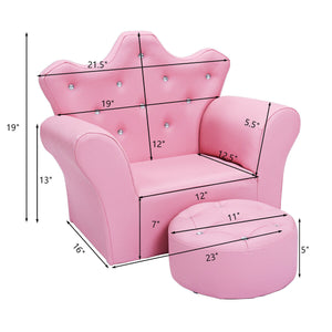 Pink kids sofa with armrests and ottoman, perfect for playrooms or nurseries, shown from angle 4.