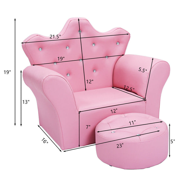 Pink kids sofa with armrests and ottoman, perfect for playrooms or nurseries, shown from angle 4.