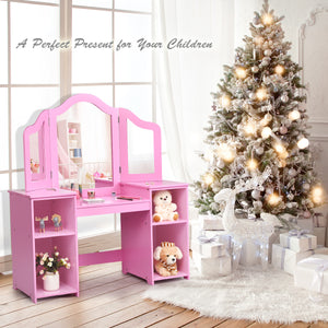 Kids tri-folding mirror makeup vanity table set for stylish dress-up play. Perfect for little ones' imaginative fun!