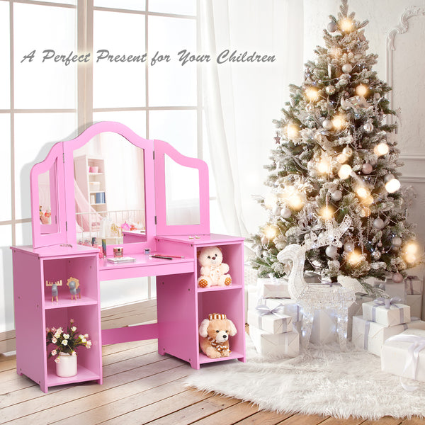 Kids tri-folding mirror makeup vanity table set for stylish dress-up play. Perfect for little ones' imaginative fun!