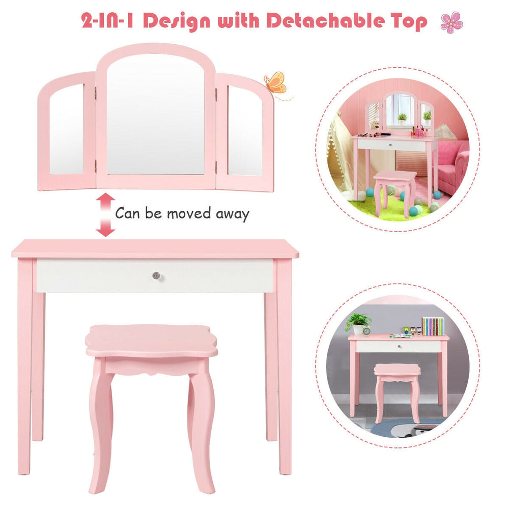 Kids Princess Makeup Dressing Table with Tri-fold Mirror and Chair for imaginative play and bedtime routines.