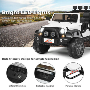 12V 2-seater ride-on car truck with remote control and storage, perfect for outdoor fun and adventures for kids.