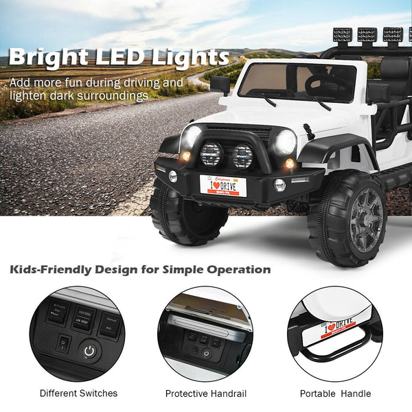 12V 2-seater ride-on car truck with remote control and storage, perfect for outdoor fun and adventures for kids.