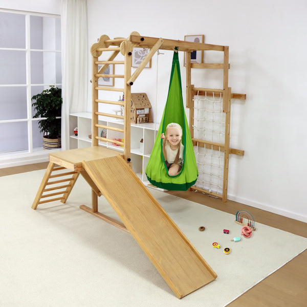 Avenlur Sensory Swing Hammock with tear drop attachment for indoor climbers in walnut, neem, and betula wood.