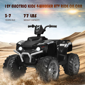 12V kids ride-on ATV with LED lights, treaded tires, and fun design for outdoor adventures.