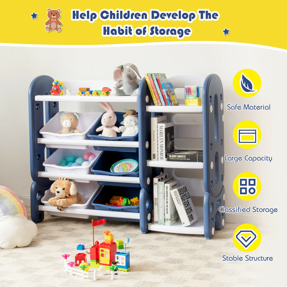Kids toy storage organizer with bins and multi-layer shelf for bedroom or playroom, perfect for keeping toys tidy.