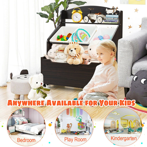 Kids wooden toy storage unit with rolling toy box and plastic bins, perfect for organizing playrooms.